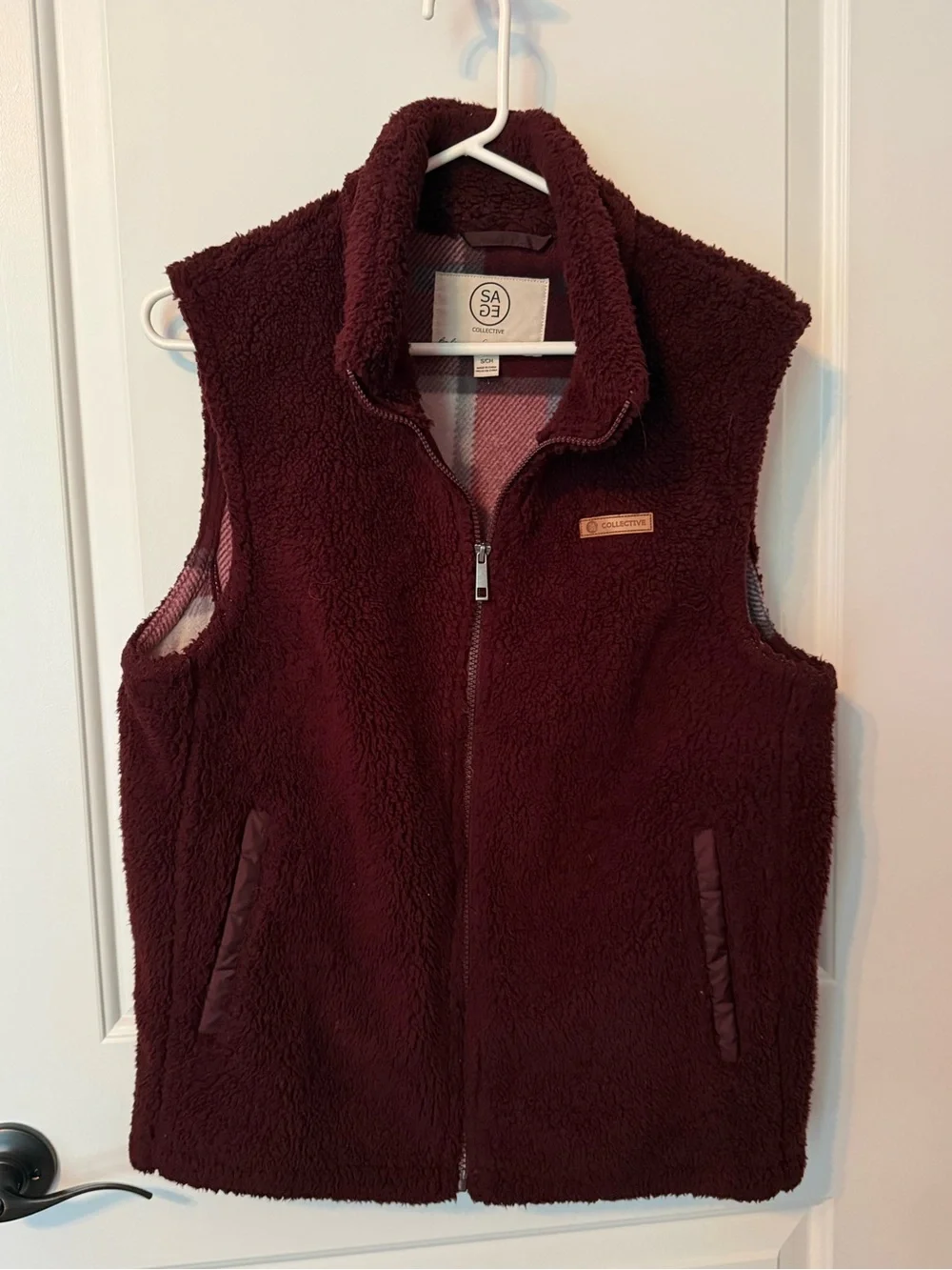 Woman’s Burgundy Plush Fleece Vest with Plaid Lining Small